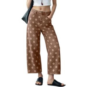 image:imagechouyatou Womens Y2k Floral Printed Wide Leg Jeans Boho Distressed Cropped Jeans High Waisted Baggy Denim PantsBrown