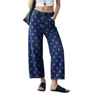image:imagechouyatou Womens Y2k Floral Printed Wide Leg Jeans Boho Distressed Cropped Jeans High Waisted Baggy Denim PantsDark Blue