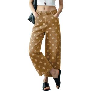 image:imagechouyatou Womens Y2k Floral Printed Wide Leg Jeans Boho Distressed Cropped Jeans High Waisted Baggy Denim PantsKhaki