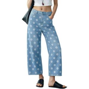 image:imagechouyatou Womens Y2k Floral Printed Wide Leg Jeans Boho Distressed Cropped Jeans High Waisted Baggy Denim PantsLight Blue