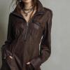 image:imagechouyatou Women Long Sleeve Faux Leather Dress Casual Polo Collared Party Night Out Tunic Winter Fall DressBrown