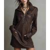 image:imagechouyatou Women Long Sleeve Faux Leather Dress Casual Polo Collared Party Night Out Tunic Winter Fall DressBrown