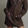 image:imagechouyatou Women Long Sleeve Faux Leather Dress Casual Polo Collared Party Night Out Tunic Winter Fall DressBrown