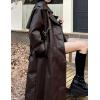 image:imagechouyatou Womens Casual Double Breasted Faux Leather Coat Boyfriend Notch Lapel Long Trench CoatBrown