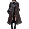 image:imagechouyatou Womens Casual Double Breasted Faux Leather Coat Boyfriend Notch Lapel Long Trench CoatBrown
