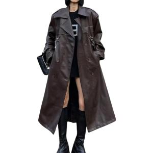 image:imagechouyatou Womens Casual Double Breasted Faux Leather Coat Boyfriend Notch Lapel Long Trench CoatBrown
