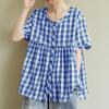 image:imagechouyatou Womens Gingham Button Down Shirt Cotton Shirt Plaid Short Sleeve Summer Tunic Tops BlousesBlue
