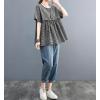image:imagechouyatou Womens Gingham Cotton Shirt Short Sleeve Plaid Blouses Ruffle Hem Pullover Summer Tunic TopsBlack