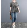 image:imagechouyatou Womens Gingham Cotton Shirt Short Sleeve Plaid Blouses Ruffle Hem Pullover Summer Tunic TopsBlack