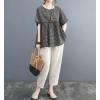 image:imagechouyatou Womens Gingham Cotton Shirt Short Sleeve Plaid Blouses Ruffle Hem Pullover Summer Tunic TopsBlack