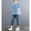 image:imagechouyatou Womens Gingham Cotton Shirt Short Sleeve Plaid Blouses Ruffle Hem Pullover Summer Tunic TopsBlue