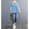 image:imagechouyatou Womens Gingham Cotton Shirt Short Sleeve Plaid Blouses Ruffle Hem Pullover Summer Tunic TopsBlue