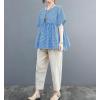 image:imagechouyatou Womens Gingham Cotton Shirt Short Sleeve Plaid Blouses Ruffle Hem Pullover Summer Tunic TopsBlue