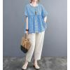 image:imagechouyatou Womens Gingham Cotton Shirt Short Sleeve Plaid Blouses Ruffle Hem Pullover Summer Tunic TopsBlue