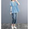 image:imagechouyatou Womens Gingham Cotton Shirt Short Sleeve Plaid Blouses Ruffle Hem Pullover Summer Tunic TopsBlue