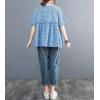 image:imagechouyatou Womens Gingham Cotton Shirt Short Sleeve Plaid Blouses Ruffle Hem Pullover Summer Tunic TopsBlue