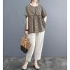 image:imagechouyatou Womens Gingham Cotton Shirt Short Sleeve Plaid Blouses Ruffle Hem Pullover Summer Tunic TopsCoffee