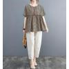image:imagechouyatou Womens Gingham Cotton Shirt Short Sleeve Plaid Blouses Ruffle Hem Pullover Summer Tunic TopsCoffee