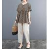 image:imagechouyatou Womens Gingham Cotton Shirt Short Sleeve Plaid Blouses Ruffle Hem Pullover Summer Tunic TopsCoffee