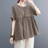 image:imagechouyatou Womens Gingham Cotton Shirt Short Sleeve Plaid Blouses Ruffle Hem Pullover Summer Tunic TopsCoffee