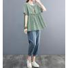 image:imagechouyatou Womens Gingham Cotton Shirt Short Sleeve Plaid Blouses Ruffle Hem Pullover Summer Tunic TopsGreen