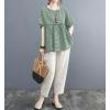 image:imagechouyatou Womens Gingham Cotton Shirt Short Sleeve Plaid Blouses Ruffle Hem Pullover Summer Tunic TopsGreen