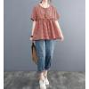 image:imagechouyatou Womens Gingham Cotton Shirt Short Sleeve Plaid Blouses Ruffle Hem Pullover Summer Tunic TopsRed
