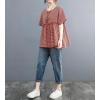 image:imagechouyatou Womens Gingham Cotton Shirt Short Sleeve Plaid Blouses Ruffle Hem Pullover Summer Tunic TopsRed