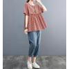 image:imagechouyatou Womens Gingham Cotton Shirt Short Sleeve Plaid Blouses Ruffle Hem Pullover Summer Tunic TopsRed