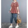 image:imagechouyatou Womens Gingham Cotton Shirt Short Sleeve Plaid Blouses Ruffle Hem Pullover Summer Tunic TopsRed
