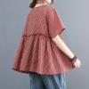 image:imagechouyatou Womens Gingham Cotton Shirt Short Sleeve Plaid Blouses Ruffle Hem Pullover Summer Tunic TopsRed