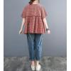 image:imagechouyatou Womens Gingham Cotton Shirt Short Sleeve Plaid Blouses Ruffle Hem Pullover Summer Tunic TopsRed