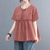 image:imagechouyatou Womens Gingham Cotton Shirt Short Sleeve Plaid Blouses Ruffle Hem Pullover Summer Tunic TopsRed