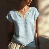 image:imagechouyatou Womens Lace Eyelet Cotton Linen Shirts V Neck Short Sleeve Blouses Pullover Summer Tunic TopsAzure