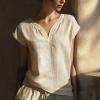 image:imagechouyatou Womens Lace Eyelet Cotton Linen Shirts V Neck Short Sleeve Blouses Pullover Summer Tunic TopsBeige