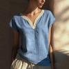 image:imagechouyatou Womens Lace Eyelet Cotton Linen Shirts V Neck Short Sleeve Blouses Pullover Summer Tunic TopsBlue