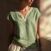image:imagechouyatou Womens Lace Eyelet Cotton Linen Shirts V Neck Short Sleeve Blouses Pullover Summer Tunic TopsGreen