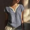 image:imagechouyatou Womens Lace Eyelet Cotton Linen Shirts V Neck Short Sleeve Blouses Pullover Summer Tunic TopsGrey