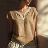 image:imagechouyatou Womens Lace Eyelet Cotton Linen Shirts V Neck Short Sleeve Blouses Pullover Summer Tunic TopsKhaki
