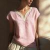 image:imagechouyatou Womens Lace Eyelet Cotton Linen Shirts V Neck Short Sleeve Blouses Pullover Summer Tunic TopsPink