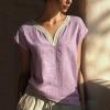 image:imagechouyatou Womens Lace Eyelet Cotton Linen Shirts V Neck Short Sleeve Blouses Pullover Summer Tunic TopsPurple