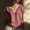 image:imagechouyatou Womens Lace Eyelet Cotton Linen Shirts V Neck Short Sleeve Blouses Pullover Summer Tunic TopsRed