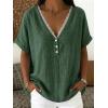 image:imagechouyatou Womens Summer Lace Eyelet Shirts V Neck Half Button Short Sleeve Blouses Pullover Tops OutfitsDark Green