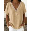 image:imagechouyatou Womens Summer Lace Eyelet Shirts V Neck Half Button Short Sleeve Blouses Pullover Tops OutfitsKhaki