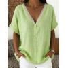 image:imagechouyatou Womens Summer Lace Eyelet Shirts V Neck Half Button Short Sleeve Blouses Pullover Tops OutfitsLight Green
