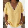 image:imagechouyatou Womens Summer Lace Eyelet Shirts V Neck Half Button Short Sleeve Blouses Pullover Tops OutfitsYellow