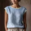 image:imagechouyatou Womens Summer Lace Eyelet Tshirts Shirts Crewneck Cap Sleeve Blouses Pullover Tops OutfitsBlue