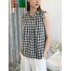 image:imagechouyatou Womens Summer Ruffle Sleeve Gingham Cotton Shirt Bowknot Plaid Blouses Pleated Tunic Tank TopsBlack