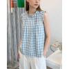 image:imagechouyatou Womens Summer Ruffle Sleeve Gingham Cotton Shirt Bowknot Plaid Blouses Pleated Tunic Tank TopsBlue