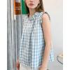 image:imagechouyatou Womens Summer Ruffle Sleeve Gingham Cotton Shirt Bowknot Plaid Blouses Pleated Tunic Tank TopsBlue
